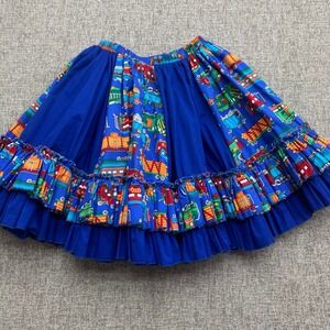 Vintage Blue Train Print Square Dancing Skirt‎ Flared A-Line Handmade S/M Cotton